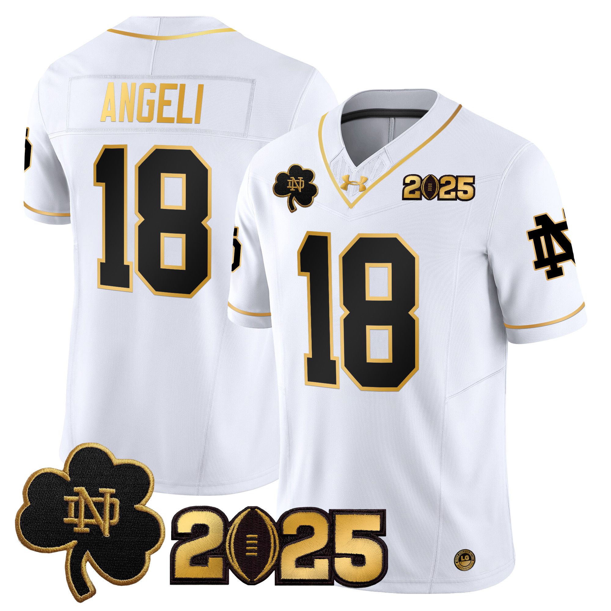 Men Notre Dame Fighting Irish #18 Angeli White 2025 CFP Final Patch Gold Vapor Limited NCAA Jersey